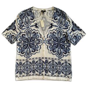 Talbots Petite Cardigan Blue White Medallion Short Sleeve V-Neck Career Coastal